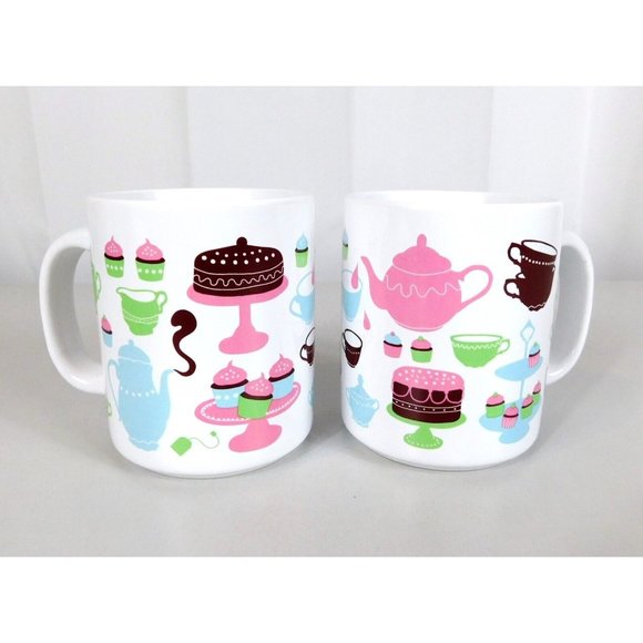 Set 2 Ikea Coffee Mug Cups Tea Party Theme Teacups Teapots Cupcakes Multi Color - Picture 1 of 10